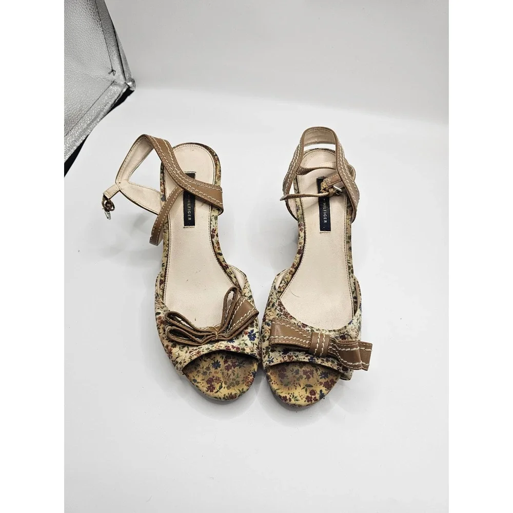 Tommy Hilfiger Floral Cork Wedge Sandals Brown Tan Bow Ankle Strap Peep Toe